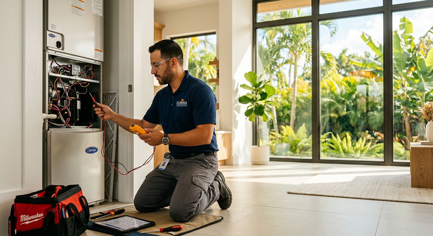 Professional HVAC technician in a navy polo servicing an air conditioning unit inside a bright, modern Fort Lauderdale home